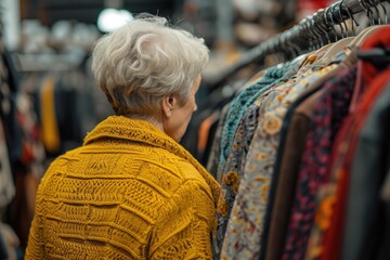 Fototapeta premium A senior woman explores vintage treasures, embracing the eco-conscious culture of secondhand shopping