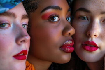 A diverse group of women showcasing various colored makeup looks, celebrating individuality and inclusivity in beauty standards