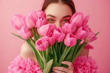 Fototapeta premium A woman is gracefully holding a bunch of vibrant pink flowers, radiating beauty and elegance against a soft backdrop