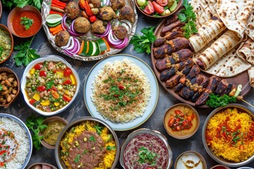 Fototapeta premium Taste of tradition: An inviting spread of Middle Eastern cuisine, a testament to culinary heritage.