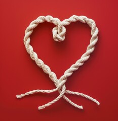 A white rope with two ends, tied in the middle to form an heart shape on red background
