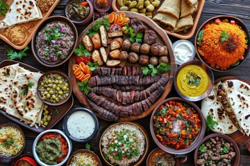 Fototapeta premium Flavorful traditions: A table laden with Middle Eastern specialties, an homage to time-honored recipes.
