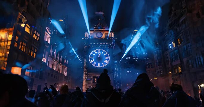 Crowd gathered before a lit clock tower with 2025 projection, anticipating New Year's Eve 2025 countdown