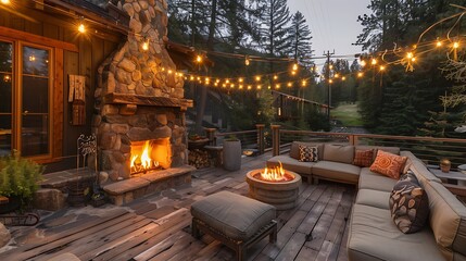 cozy patio with a large stone fireplace, cushioned seating, and string lights creating a warm and inviting atmosphere