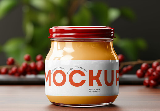Glass Jar Mockup with Red Lid &ndash; Realistic Food Packaging Scene for Jam, Sauce, or Baby Puree Branding