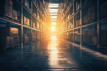 Fototapeta premium Warm sunlight streaming through the large windows of a modern, organized warehouse with rows of shelves filled with boxes