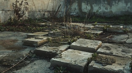 Group of weathered square bricks laying on the ground near a wall captured in a landscape photograph