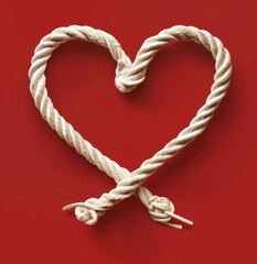 A white rope with two knotted ends, forming the shape of an open heart on red background