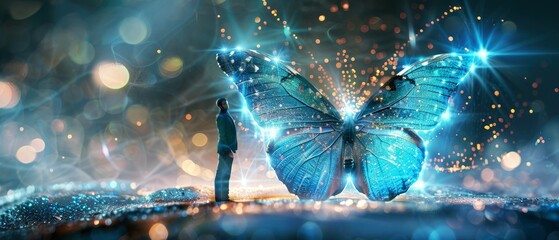 A person stands in awe before a giant, glowing blue butterfly in a magical, sparkling landscape. Fantasy and wonder converge beautifully.