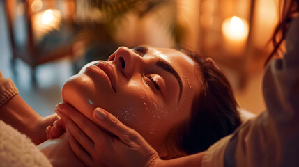 Naklejka premium Close up of a young woman receiving a facial massage at a spa