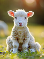 Obraz premium Cute lamb on the green grass in springtime. Springtime