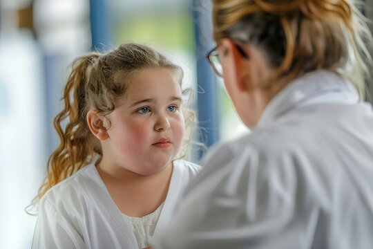 An overweight girl teen child is being consulted by dietetic nutritionist doctor. Talking about health and excess weight, risk of diabetes. Childhood obesity. Chubby examining in clinic
