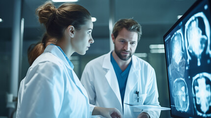 Doctors looking x-ray of brain on a monitor screen