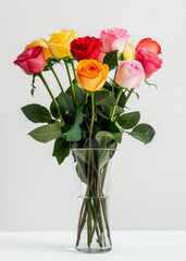 Fototapeta premium A vase of colorful roses sits on a white table. The roses are of various colors, including pink, yellow, and purple. The vase is clear.