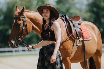 Obraz premium Young woman wearing a hat smiling and holding her brown horse in a sunny outdoor equestrian area.