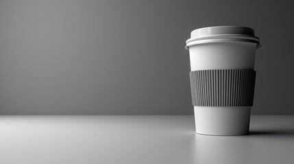 Coffee to go cup: A close-up shot of a blank labeled white coffee-to-go cup, standing alone on a white surface, with a clean and minimalist background.