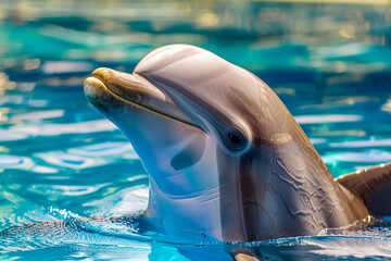 dolphin in swimming pool, closeup of a head and neck