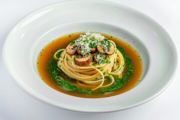 Fragrant Capellini in Umami Parsley Broth with Mushrooms