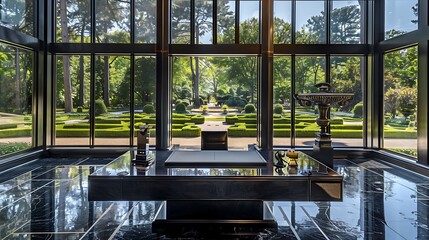 grand home office featuring a large desk crafted from ebony, surrounded by floor-to-ceiling windows that offer views of a manicured garden