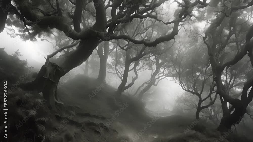 Poster as the fog rolls in the forest is overtaken by a ghostly white light illuminating the twisted shadow