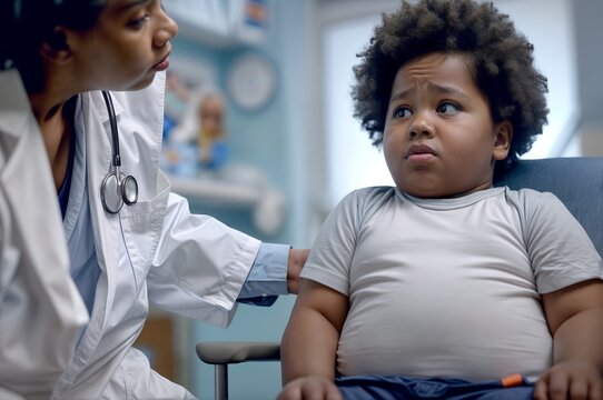 An overweight boy black child is being consulted by dietetic nutritionist doctor. Talking about health and excess weight, risk of diabetes. Childhood obesity. Chubby examining in clinic