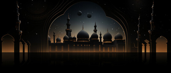 

Islamic picture in black, depicting the interior of an Islamic architectural or cultural space.