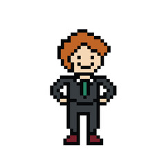 Obraz premium Cute pixel cartoon 8bit character business man businessman smart game vector for decoration business 8 bit male career smart character game vector.