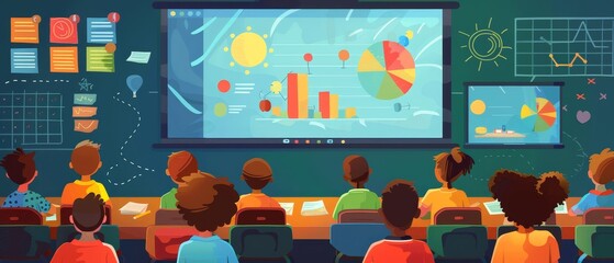 Students attentively watching a presentation on a smart board in a modern classroom, showcasing charts and diagrams for interactive learning.