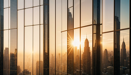 Fototapeta premium city and traffic view reflected from a glass-covered skyscraper, sunset moment