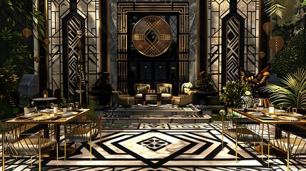 lavish Gatsby-style garden party setup, with art deco furniture, geometric patterns, and opulent gold and black decor, perfect for themed soir?(C)es
