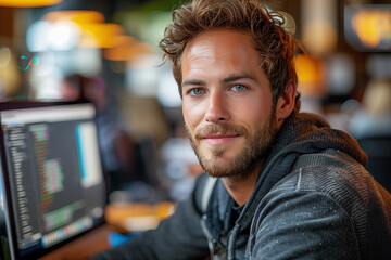 A male web developer at work in a modern office
