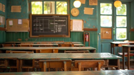 Vintage classroom with wooden desks, blackboard, and green walls. Ideal for education and nostalgia-themed projects.