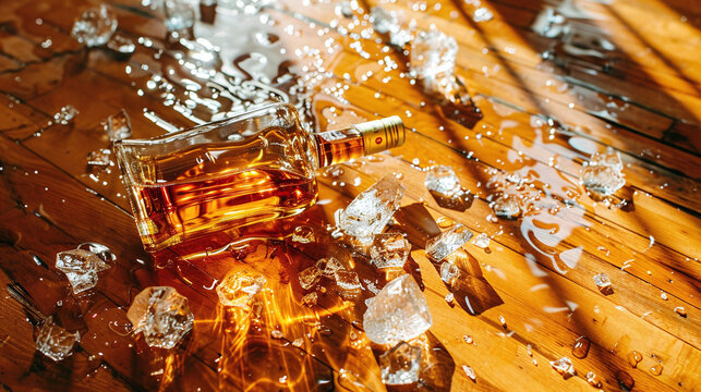 smashed broken bottle of whiskey on the floor, alcoholic drunk man violence