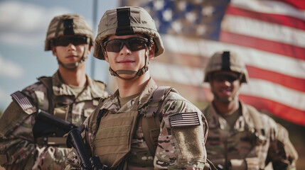 Fototapeta premium Young Soldiers Standing Outdoors in Uniform with American Flag Behind, Independence Day and Memorial Day