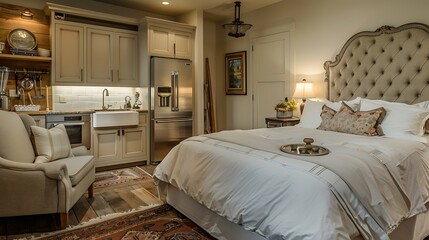 lavish guest suite with a small kitchenette featuring high-end appliances, a cozy seating area, and a luxurious bed with a high headboard