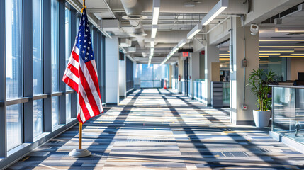 American Flag Displayed in Office Hallway, Inspiring Pride and Confidence, Independence Day and Memorial Day