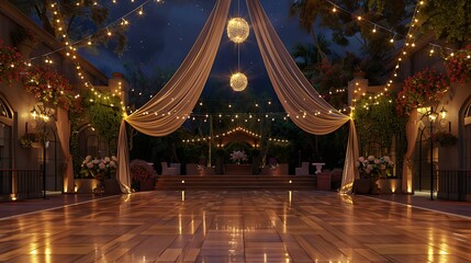 lavish outdoor ballroom with a polished dance floor, string lights overhead, and elegant, draped fabric, ideal for open-air soir?(C)es