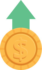 Big golden dollar coin increasing its value, an upward arrow indicating a positive trend in the financial market
