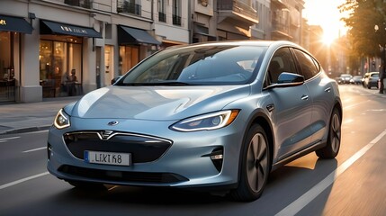 The car drives through the city