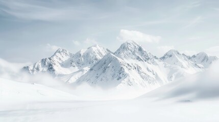 Snow-covered mountain peaks rise majestically above the clouds, creating a serene and pristine winter landscape under a clear sky.