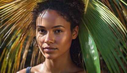 Portrait beautiful girl under palm leaves