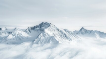 Obraz premium Snow-capped mountain peaks rise above a sea of clouds, creating a serene and majestic winter landscape. The sharp ridges and white snow contrast against the soft, misty clouds.