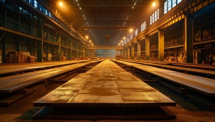 Obraz premium Long perspective of a heated steel mill interior with glowing end of hall and steel plates