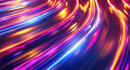 Abstract background with colorful light lines and stripes in the shape of curved linear glowing tubes, with a motion blur effect