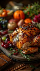 close up Roasted turkey on a rustic wooden table, surrounded by vegetables and fruits
