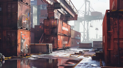 Industrial port with containers and cranes. 3D Rendering