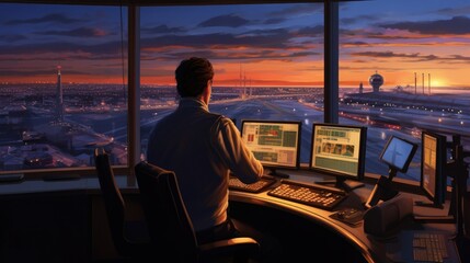 workplace of an air traffic controller. Airport Dispatch Tower interior. Aircraft take-off and landing control service
