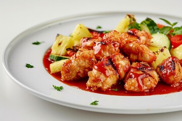 Fototapeta premium Golden-Brown Candy Coated Chicken with Tomato Puree and Pineapple