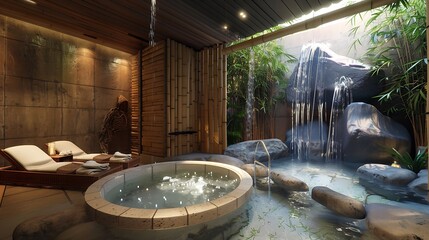 Fototapeta premium luxurious home spa with a serene ambiance, featuring a stone soaking tub, bamboo accents, and a wall of cascading water for ultimate relaxation