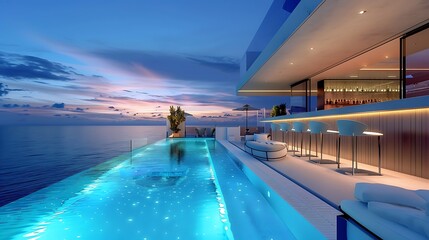 Obraz premium luxurious infinity pool area with underwater LED lighting, a poolside bar with modern stools, and seamless views that merge with the horizon